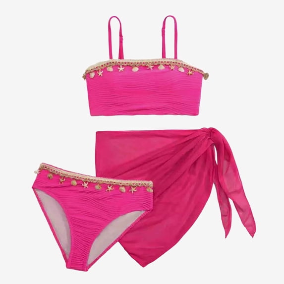 Ticikt Girls 3-Piece Bikini Swimsuit Set with Shell Trim and Cover Up Skirt for Beach,Hot Pink