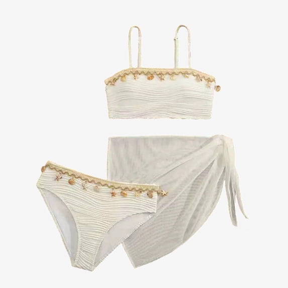 Ticikt Girls 3-Piece Bikini Swimsuit Set with Shell and Cover Up Skirt for Beach,White