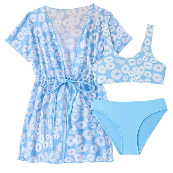 Ticikt Girls 3-Piece Daisy Print Swimsuit Set, Crop Top Bikini with Cover Up, Kids Bathing Suit,Sky Blue,5-6 Years