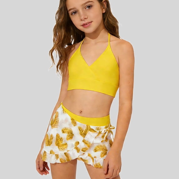 Ticikt Girls 3 Piece Swimsuits Bathing Suit Cute Ruffle Floral Print Bikini Set with Skirt Kids Swimwear
