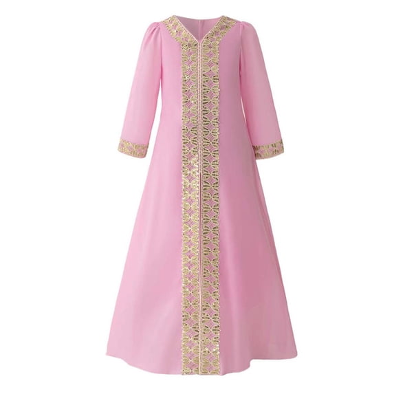 Ticikt Girls Abaya Embroidered Belted Robe Dress Kids Long Sleeve V Neck Lace Prayer Dress Arabic Kaftan Dress,Color:Pink,Size:6-7 Years