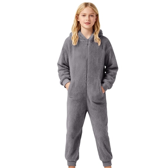 Ticikt Girls Boys Onesie One Piece Zip Up Hooded Soft Fleece Warm Winter Jumpsuit Comfortable for Unisex,Color:Dark Gray,1-2 Years