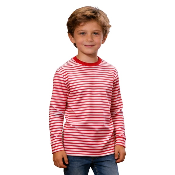 Ticikt Girls Boys Striped Thumb Hole Long Sleeve Shirts Kids Crewneck Tunic Tops Curved Hem Tees,Color:Red,Size:11-12 Years