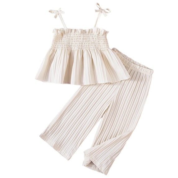 Ticikt Girls’ Clothing Sets Sleeveless Bow Crop Top Wide Leg Linen Pants 2026 Summer Outfits Cute Kids Clothes,Color:Beige,Size:12-18 Months