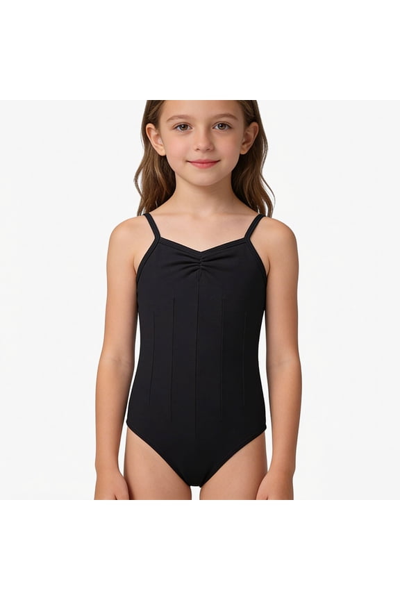 Girls' Cotton Blend Camisole Leotard, V-Neck Ballet Dance Bodysuit for 2-12Y Kids,Black