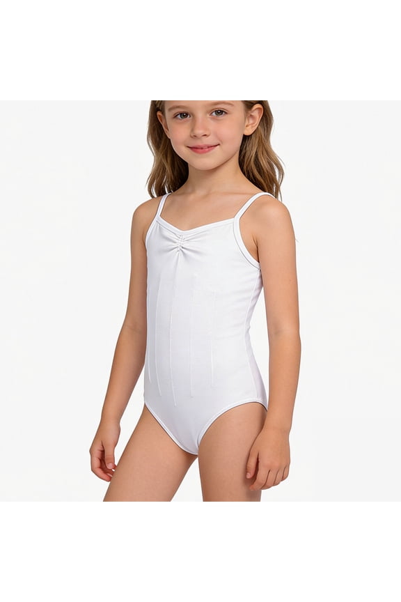 Girls' Cotton Blend Camisole Leotard, V-Neck Ballet Dance Bodysuit for 2-12Y Kids,White