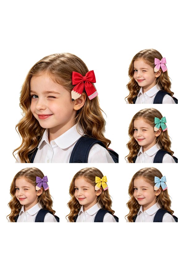 Ticikt Girls Creative Striped Pencil Bow Hair Clip, Cute Back To School Barrettes Kids Hair Accessories