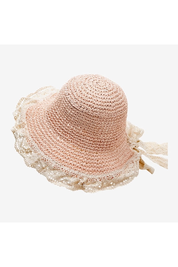 Ticikt Girls' Crochet Lace Sun Hat, Kids' Straw Bucket Hat with Bow Back,Pink