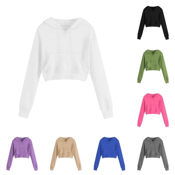Ticikt Girls Cropped Hooded Sweatshirt, Solid Color Long Sleeve Pullover Sports Top with Front Pocket for Kids,White