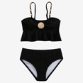 thumbnail image 1 of Ticikt Girls' Cute Ruffled Bikini, Ribbed Swimwear with Beaded Straps & Shell Detail,Black, 1 of 6