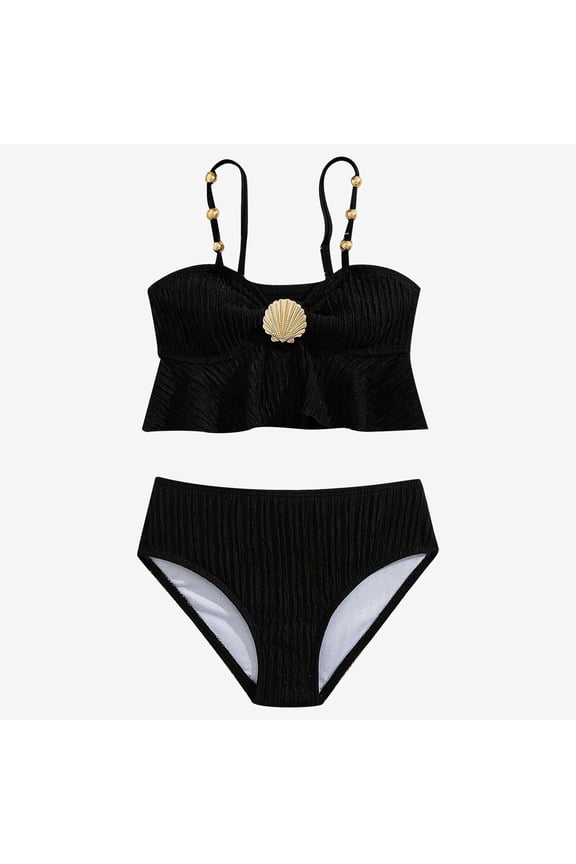 Ticikt Girls' Cute Ruffled Bikini, Ribbed Swimwear with Beaded Straps & Shell Detail,Black