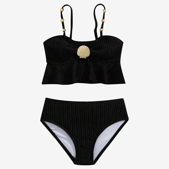 Ticikt Girls' Cute Ruffled Bikini, Ribbed Swimwear with Beaded Straps & Shell Detail,Black