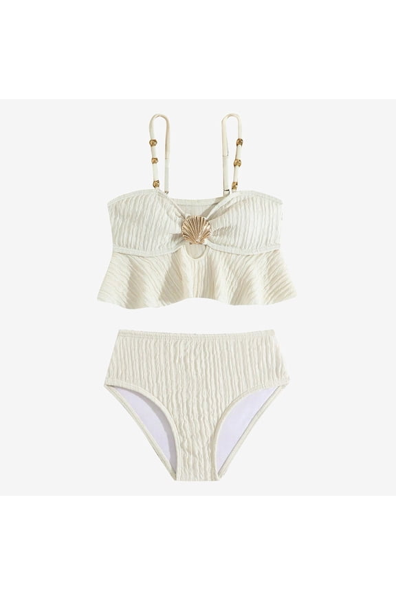 Ticikt Girls' Cute Ruffled Bikini, Ribbed Swimwear with Beaded Straps & Shell Detail,White