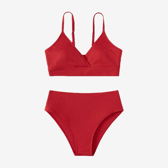 Ticikt Girls' Cute Solid Color Swimsuit, V-Neck Two-Piece Bikini for Beach & Pool,Red