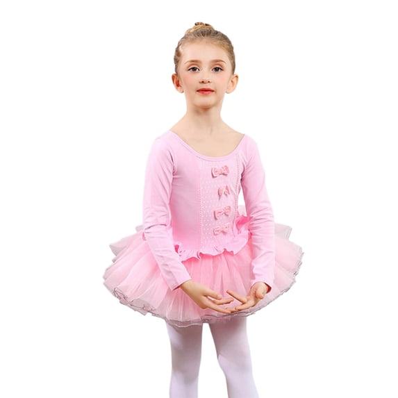 Ticikt Girls Dance Ballet Leotard with Skirt,Lace Sleeves Ballerina Gymnastics Outfit,Color:Pink,Size:12-13 Years