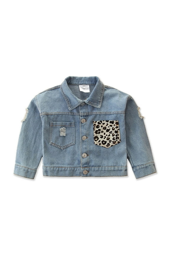 Ticikt Girls Denim Jacket Long Sleeve Casual Coat with Leopard Print Spring Fall Outerwear for Toddler Kids Youth 1-6Y,Color:Blue