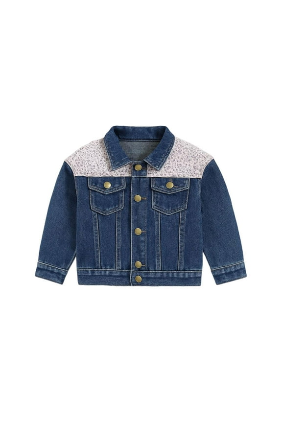 Ticikt Girls Denim Jacket with Leopard Print Shoulder Detail Stylish Long Sleeve Casual Coat for Kids 1-6Y,Color:Blue