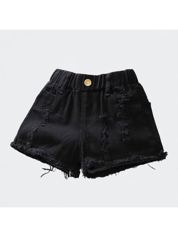 Girls Distressed Denim Shorts, Solid Ripped Raw Hem Jean Shorts, Summer Lightweight Bottoms for 2-14Y,Black