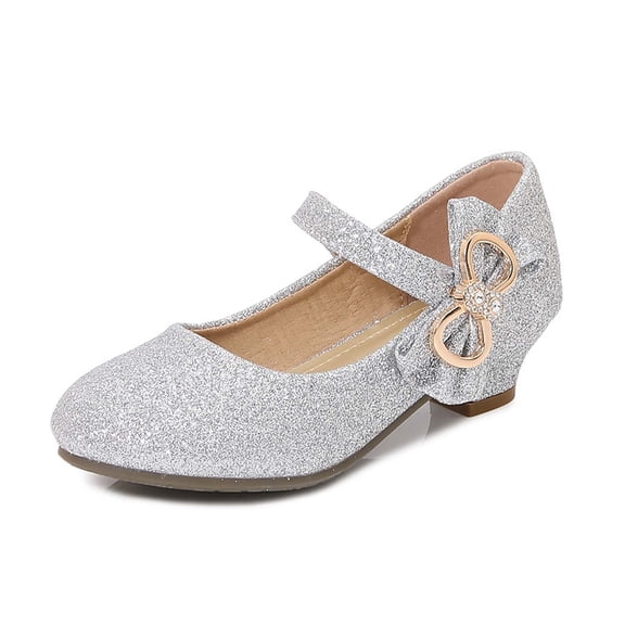 Ticikt Girls Dress Shoes Glitter Princess Shoe Flower Mary Jane Low Heels Party Wedding Prom Footwear for Toddler Kids,Color:Silver