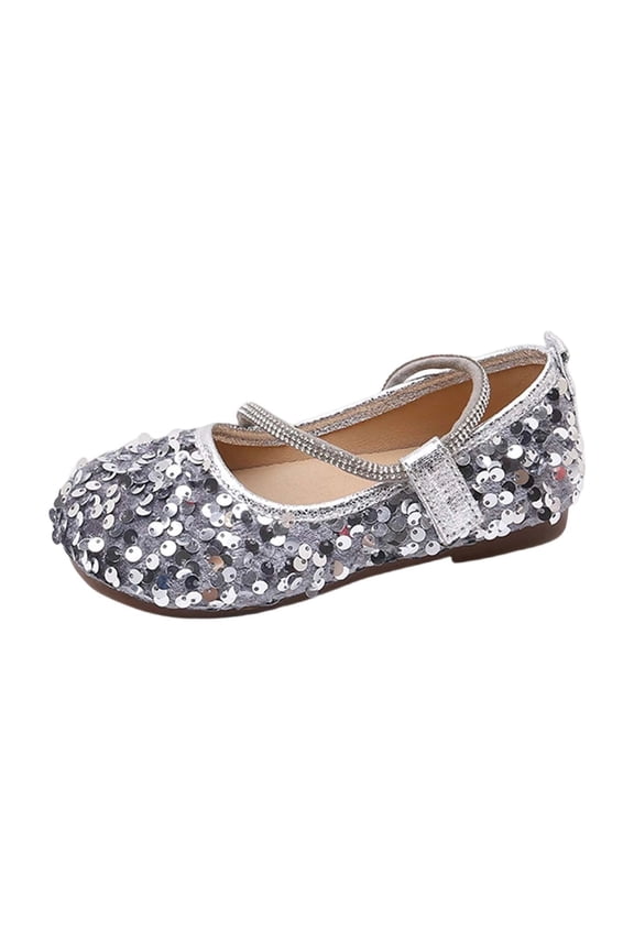 Girls Dress Shoes Glitter Princess Shoe Flower Mary Jane Low Heels Party Wedding Prom Footwear for Toddler Kids,Color:Silver