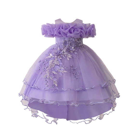 Ticikt Girls Dress Sloping Bridesmaid Wedding Princess Children's Bow Birthday Ball Party Show Evening,Color:Light Purple,Size:9-10 Years
