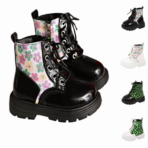 Ticikt Girls Floral Glitter Ankle Boots, Lace Up Side Zipper Platform Non Slip Kids Fashion Short Boots,Black