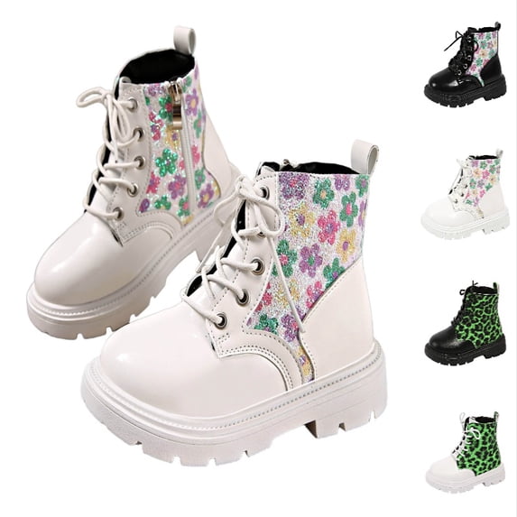 Ticikt Girls Floral Glitter Ankle Boots, Lace Up Side Zipper Platform Non Slip Kids Fashion Short Boots,White