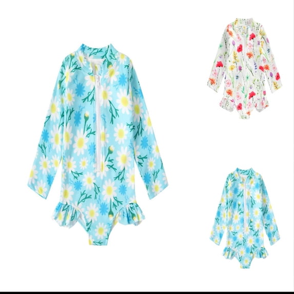 Ticikt Girls Floral Long Sleeve One Piece Swimsuit, Front Zipper UPF Sun Protection Rash Guard Toddler Kids,Green