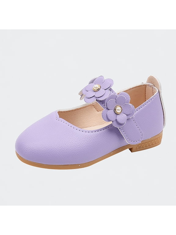 Ticikt Girls Flower Mary Jane Flats, Pearl Decor PU Leather Soft Sole Dress Shoes for Toddler,Purple,Size:18-24 Months