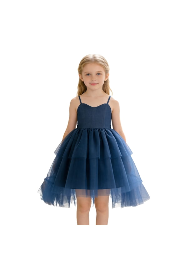 Girls Formal Dress Sleeveless Tiered Gown with Train for Party Pageant