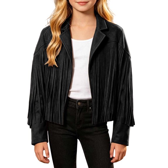 Ticikt Girls Fringe Jacket, Suede Cropped Coat, Notched Lapel Long Sleeve Western Style Open Front Outerwear,Black