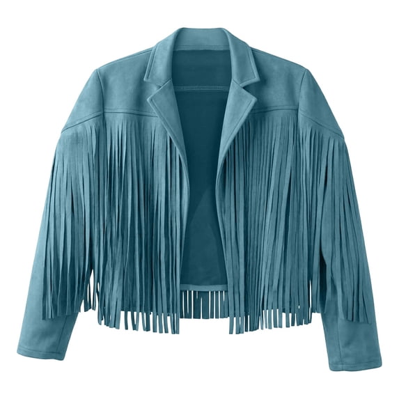 Ticikt Girls Fringe Jacket, Suede Cropped Coat, Notched Lapel Long Sleeve Western Style Open Front Outerwear,Blue
