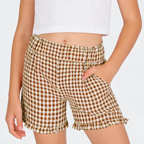 Ticikt Girls Gingham Plaid Shorts, 5-16 Years Summer Casual Ruffle Hem Elastic Waist Shorts with Pockets,Coffee