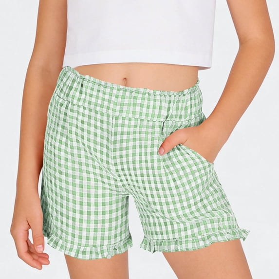 Ticikt Girls Gingham Plaid Shorts, 5-16 Years Summer Casual Ruffle Hem Elastic Waist Shorts with Pockets,Light Green