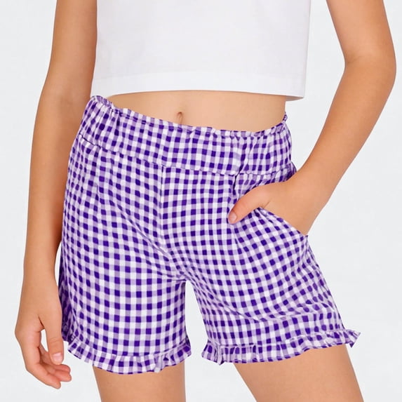 Ticikt Girls Gingham Plaid Shorts, 5-16 Years Summer Casual Ruffle Hem Elastic Waist Shorts with Pockets,Purple