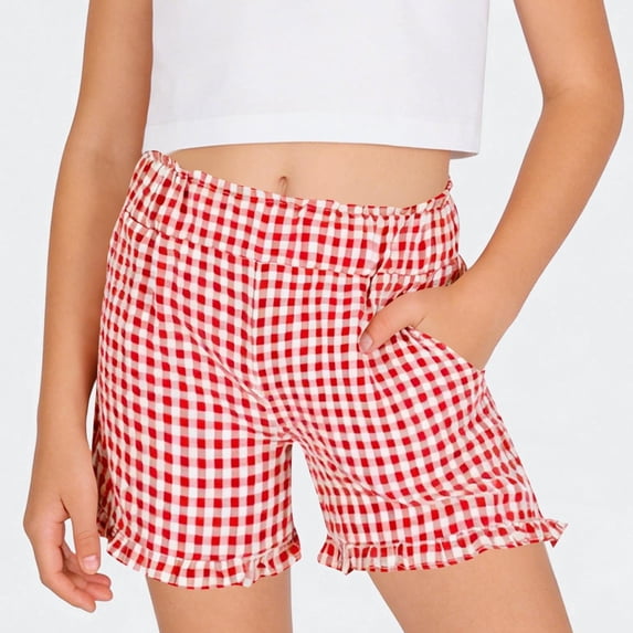 Ticikt Girls Gingham Plaid Shorts, 5-16 Years Summer Casual Ruffle Hem Elastic Waist Shorts with Pockets,Red