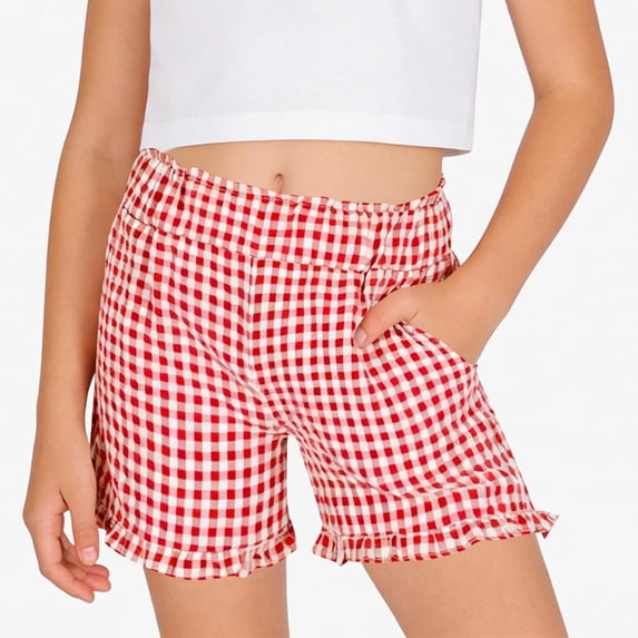 Ticikt Girls Gingham Shorts, 5-16Y Kids Elastic Waist Plaid Ruffle Hem Casual Shorts with Pockets,Red