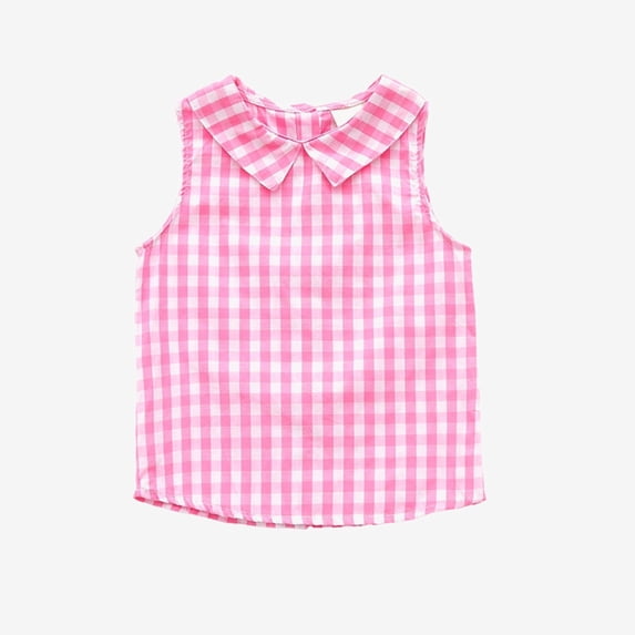 Ticikt Girls Gingham Sleeveless Top, Baby/Toddler Plaid Peter Pan Collar Blouse, Casual Tank Shirt,Pink