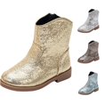 thumbnail image 1 of Ticikt Girls Glitter Cowboy Ankle Boots, Crackle Sequin Side Zipper Low Block Heel Fashion Kids Short Boots,Gold, 1 of 8