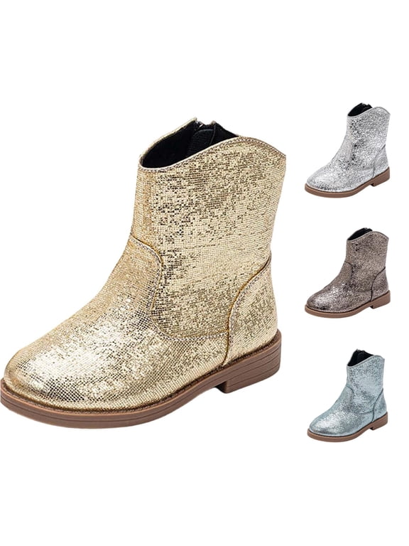 Ticikt Girls Glitter Cowboy Ankle Boots, Crackle Sequin Side Zipper Low Block Heel Fashion Kids Short Boots,Gold
