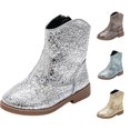 thumbnail image 1 of Ticikt Girls Glitter Cowboy Ankle Boots, Crackle Sequin Side Zipper Low Block Heel Fashion Kids Short Boots,Silver, 1 of 8