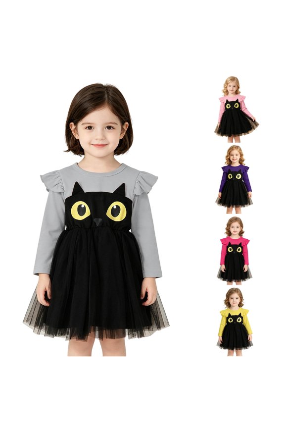 Ticikt Girls Halloween Cat Print Long Sleeve Dress, Ruffle Sleeve Tulle Tutu Princess Party Outfit