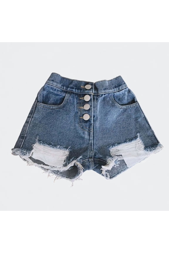 Ticikt Girls High Waisted Distressed Denim Shorts, Button Fly Ripped Jean Shorts for Kids 5-13 Years,Blue