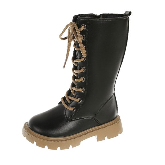 Ticikt Girls Lace Up Tall Knee High Boots, Side Zipper Platform Non Slip British Style Princess Fashion Long Boots,BK1