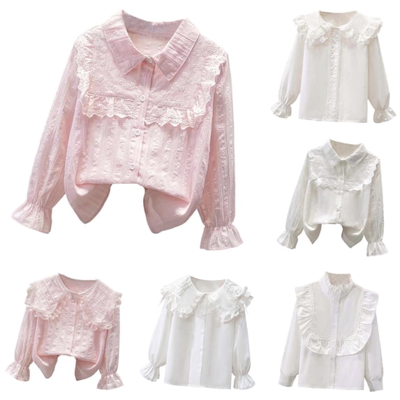 Ticikt Girls Long Sleeve Blouse, Basic Layering Matching Kids Polo Shirts, Ruffle Collar Student School Uniform Shirts