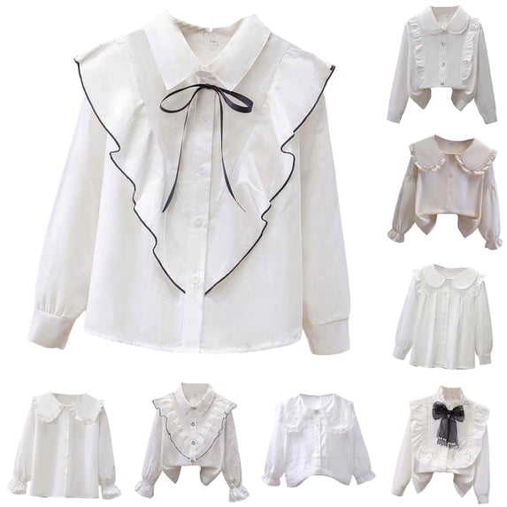 Ticikt Girls Long Sleeve Blouse, Basic Layering Matching Kids Polo Shirts, Ruffle Collar Student School Uniform Shirts