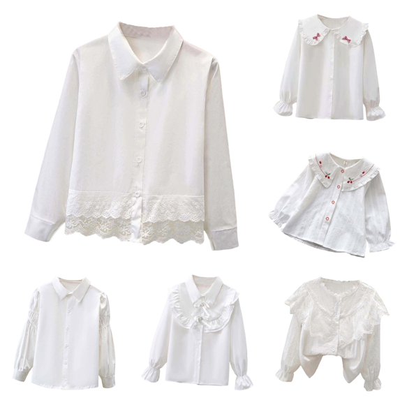 Ticikt Girls Long Sleeve Blouse, Basic Layering Matching Kids Polo Shirts, Ruffle Collar Student School Uniform Shirts