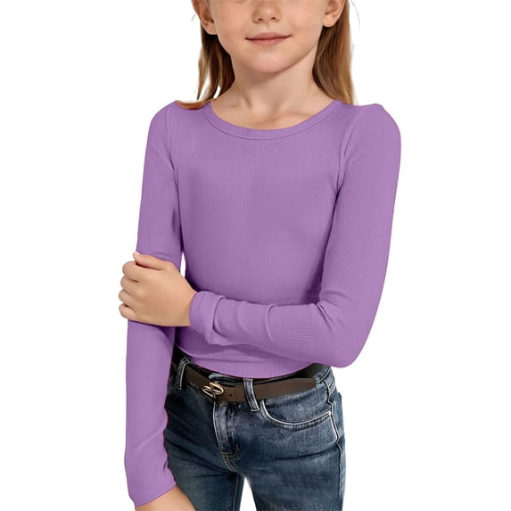 Ticikt Girls Long Sleeve Ribbed Stretch Tee Slim Fit Casual Basic Top for Kids Comfortable Everyday Wear,Color:Purple,Size:8-9 Years