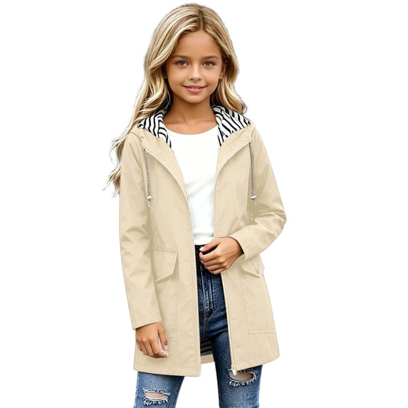 Ticikt Girls Long Waterproof Hooded Rain Coat, Striped Lining Casual Windproof Outerwear for Kids