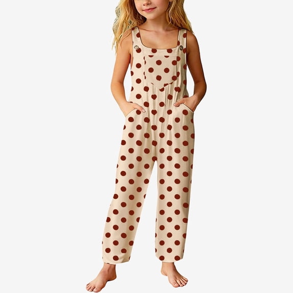 Ticikt Girls' Loose Fit Polka Dot Jumpsuit, Sleeveless Overalls with Pockets for All-Day Comfort,Khaki
